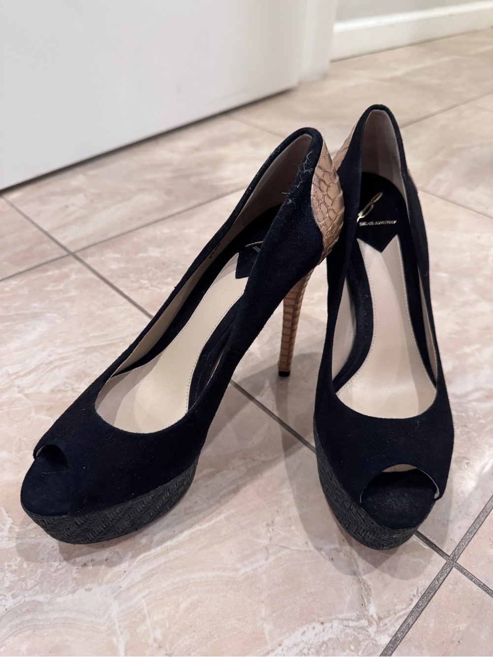 Brian Atwood Black Suede Peep-Toe Pumps with Tan Snake-Texture Heel